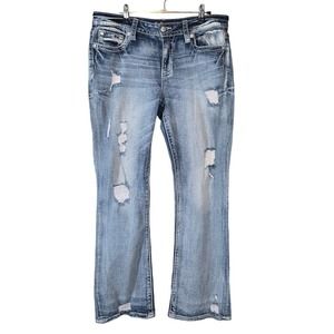 Miss Me Mid Rise Distressed Bootcut Jeans Embellished Pockets Light Wash Size 32